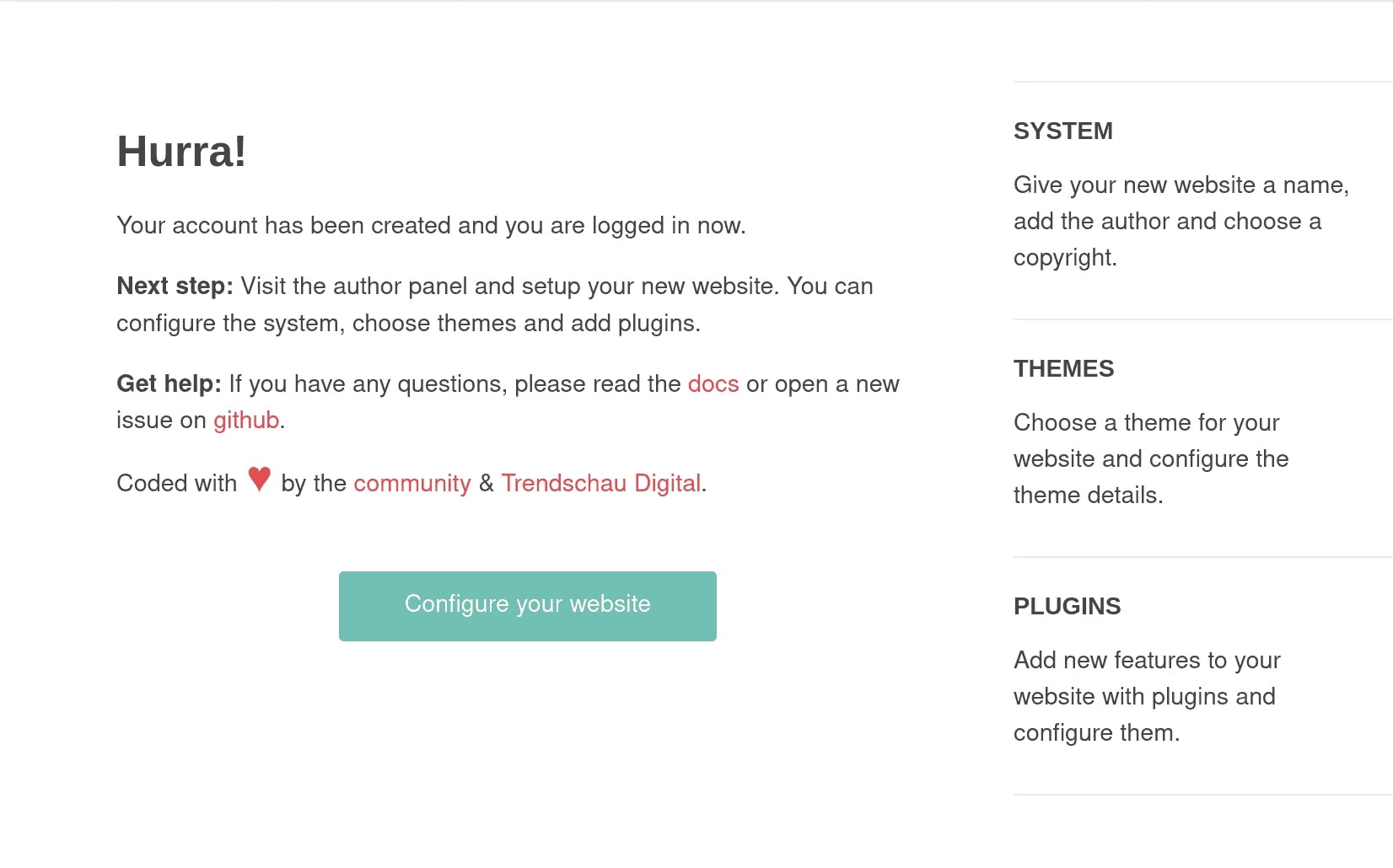 The Typemill admin configuration panel, clean and intuitive