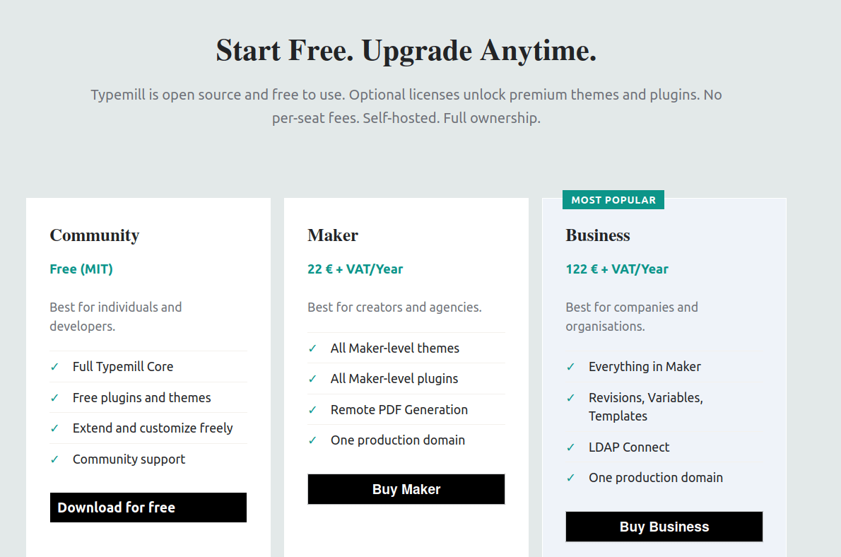 Typemill pricing plans as of 2026, showing continued development