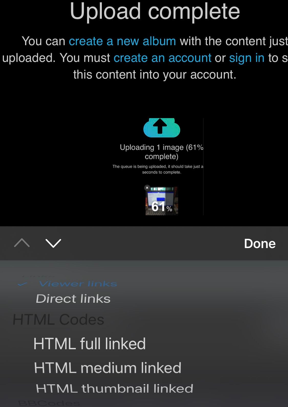 Share link generated after image upload