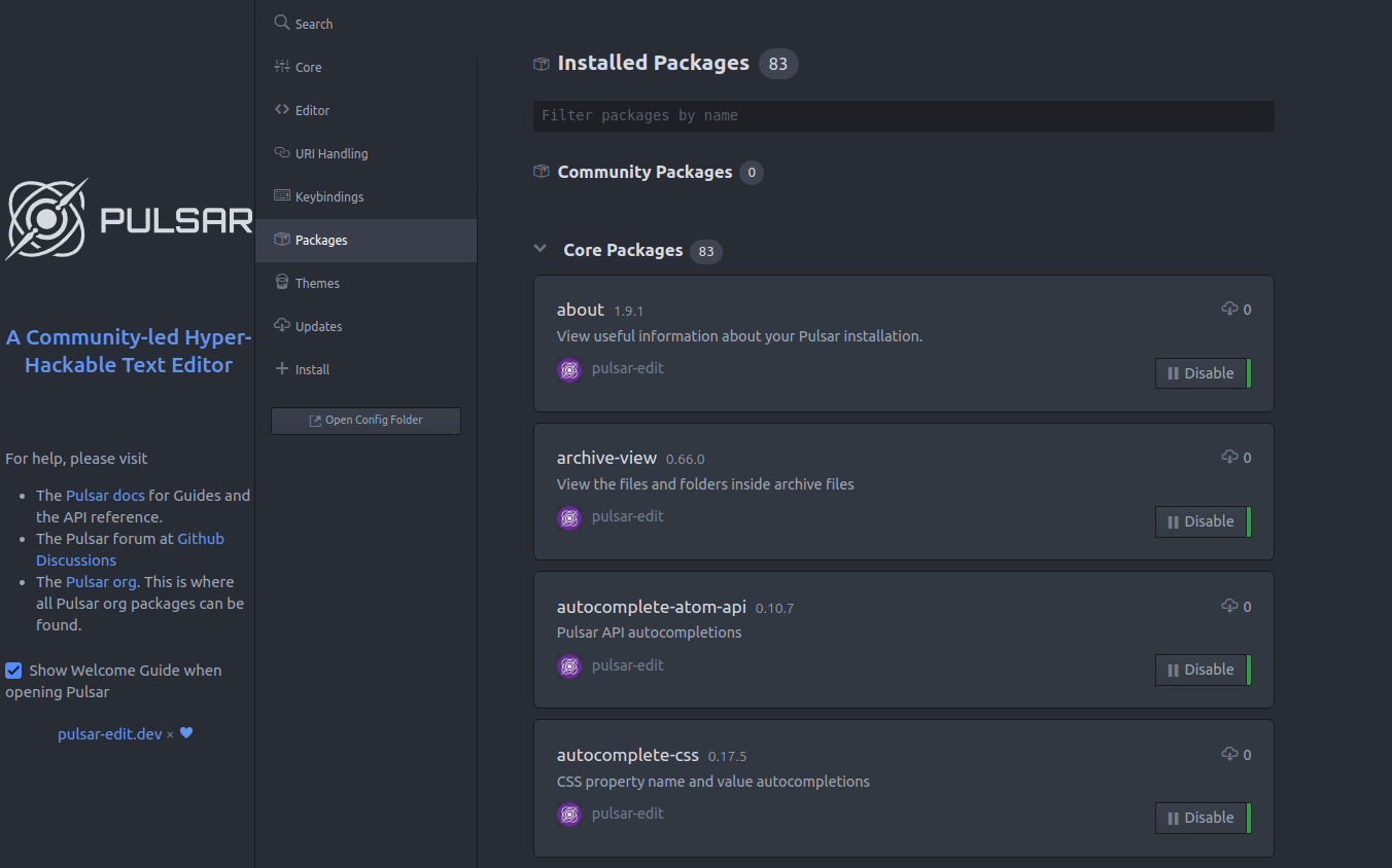 installing packages in pulsar editor, aug 2026