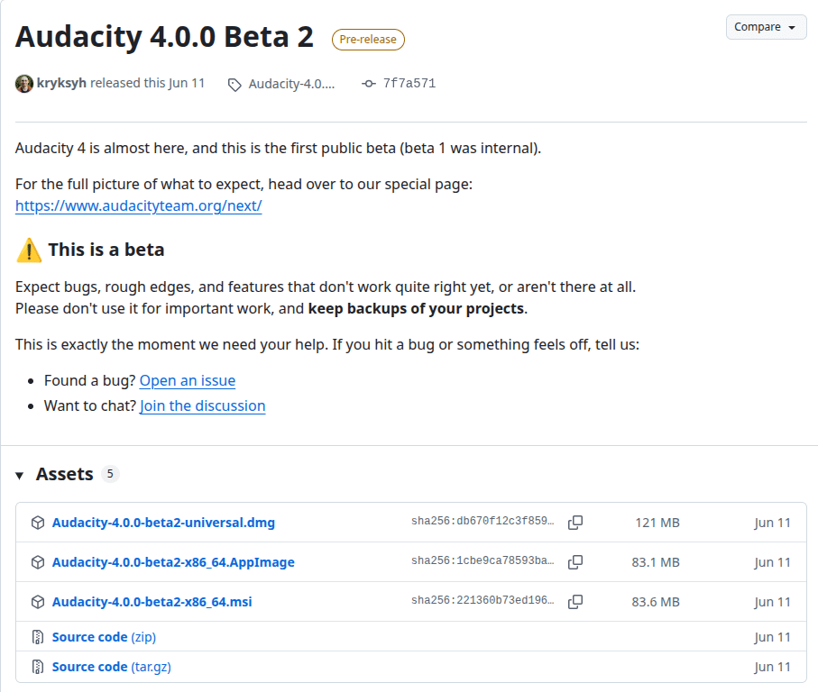 audacity 4.0 beta, August 2026