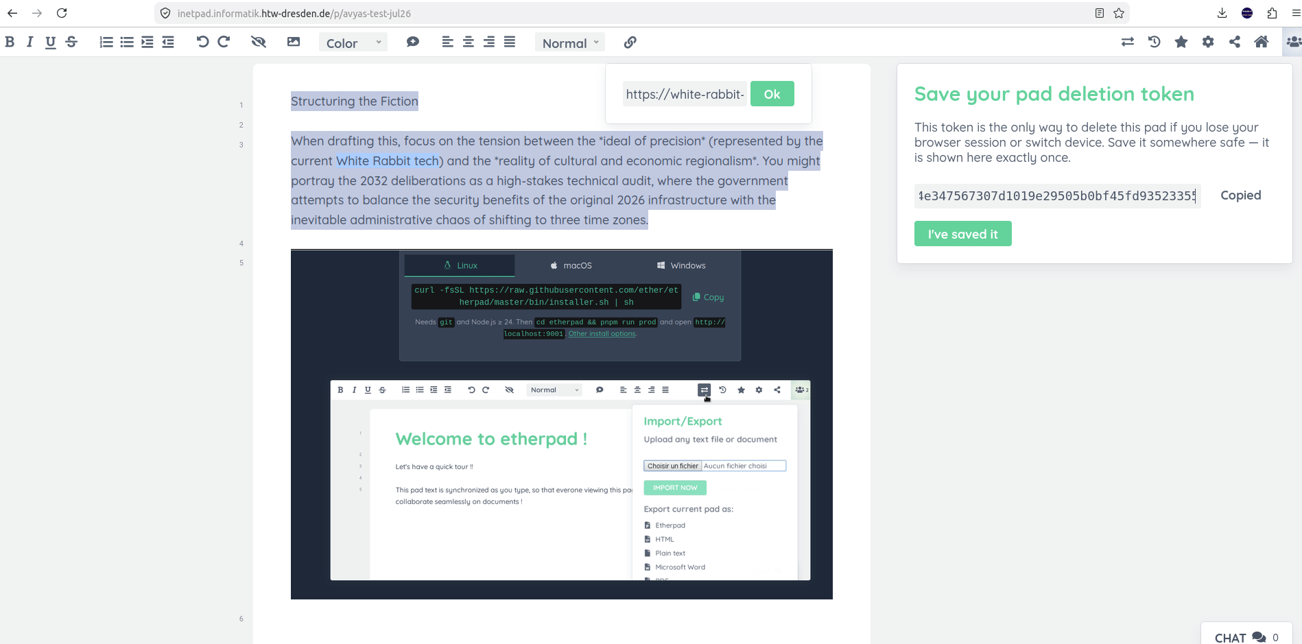 Public instance of etherpad. July 2026