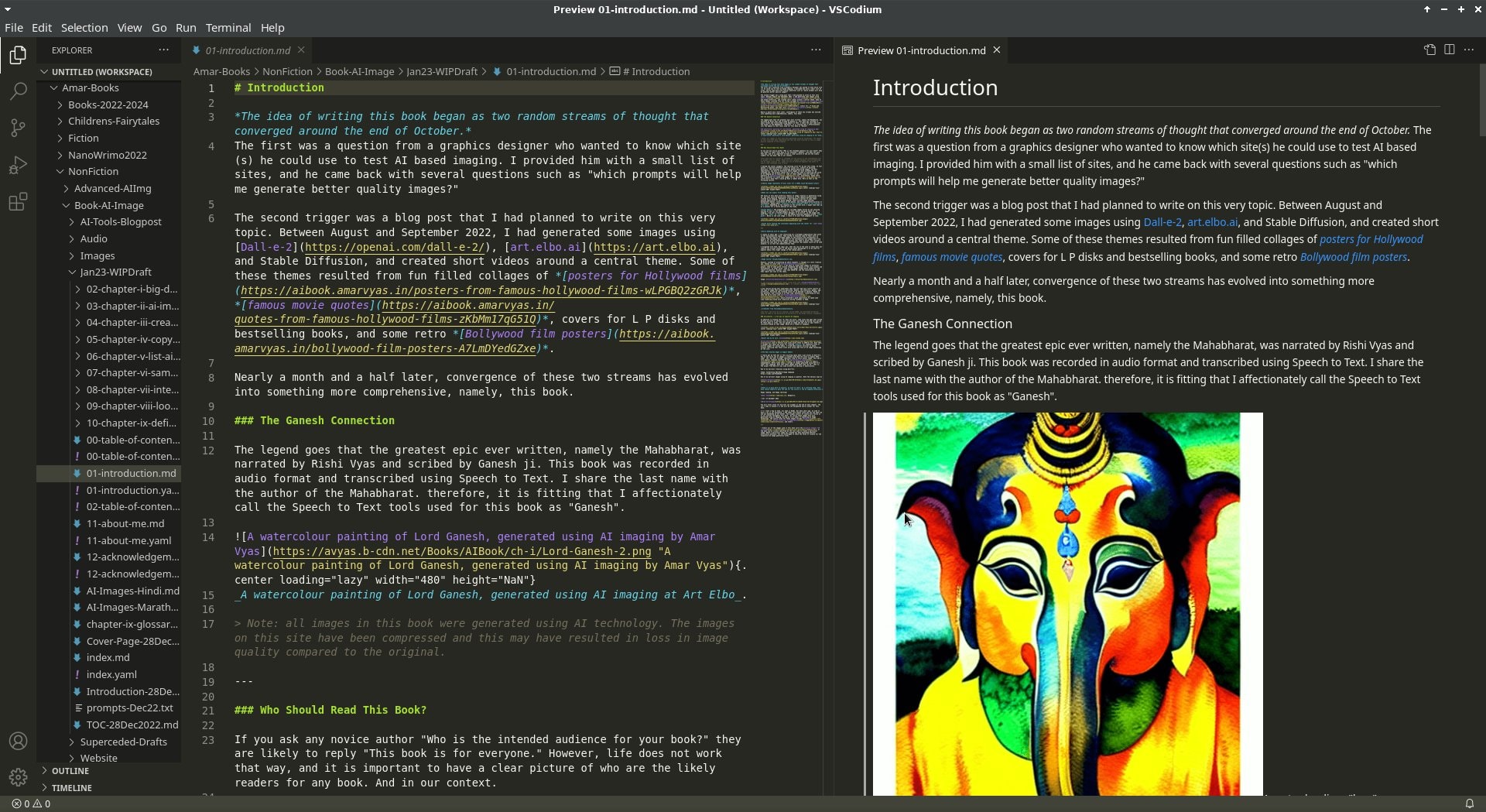 VSCodium with Devnagri script. Blog of Amar Vyas post on Writing Apps for Blogging