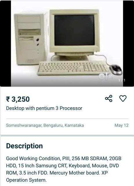 Ad for Pentium III desktop on Quikr. Image for My First Laptop