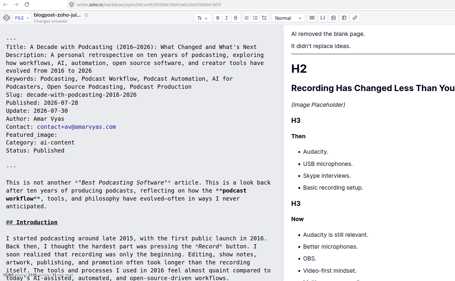 zoho writer with markdown option