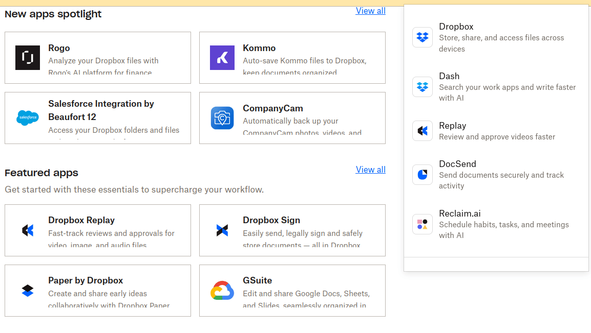 App/ integration ecosystem for Dropbox