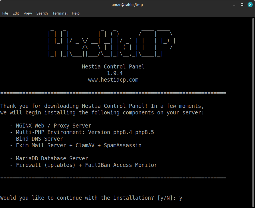 HestiaCP installation in progress on a fresh VPS
