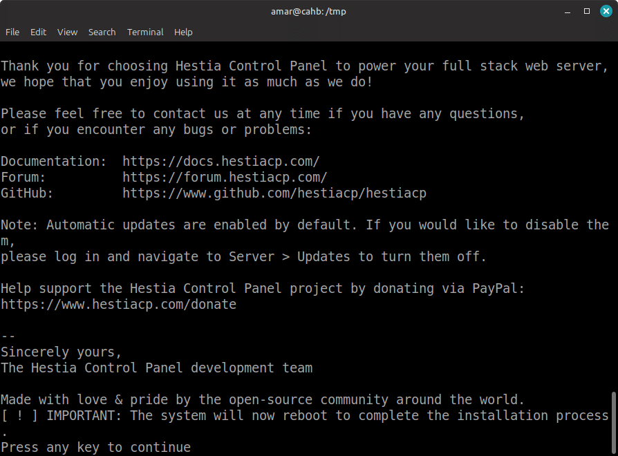 HestiaCP installation step 3