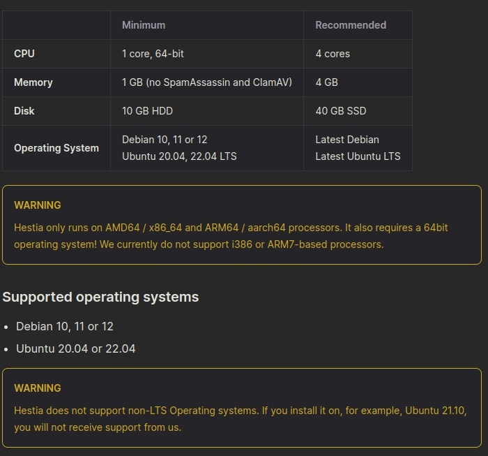 Requirements for installation of HestiaCP web control panel