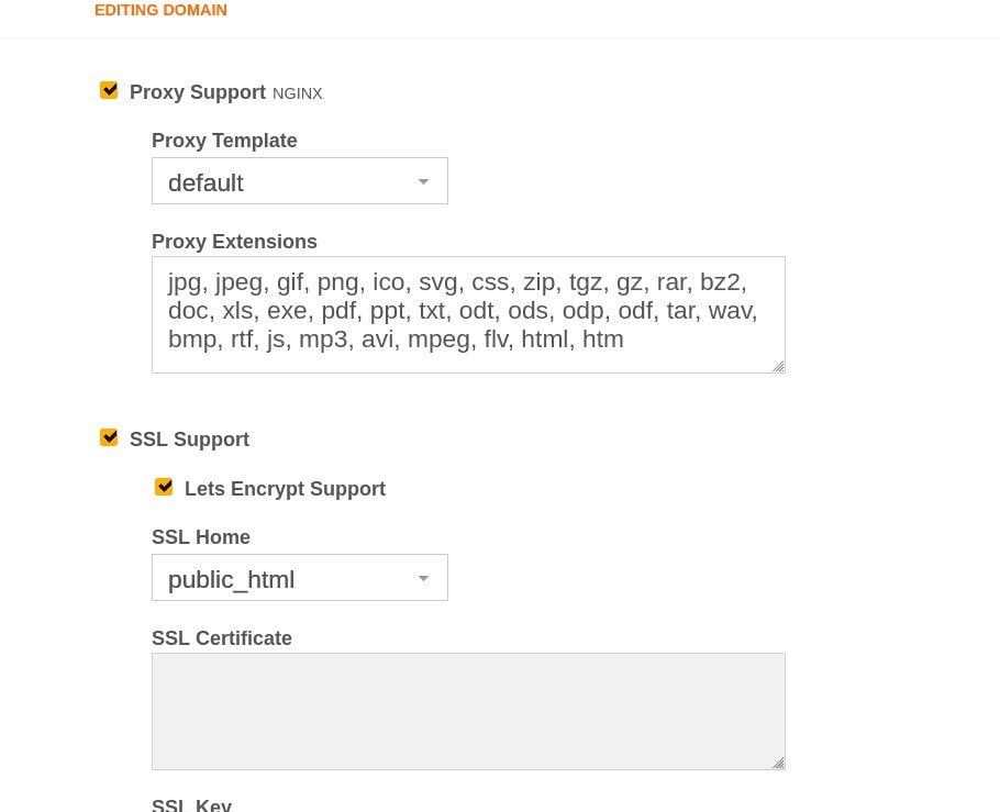 SSL support comparison across VestaCP family panels