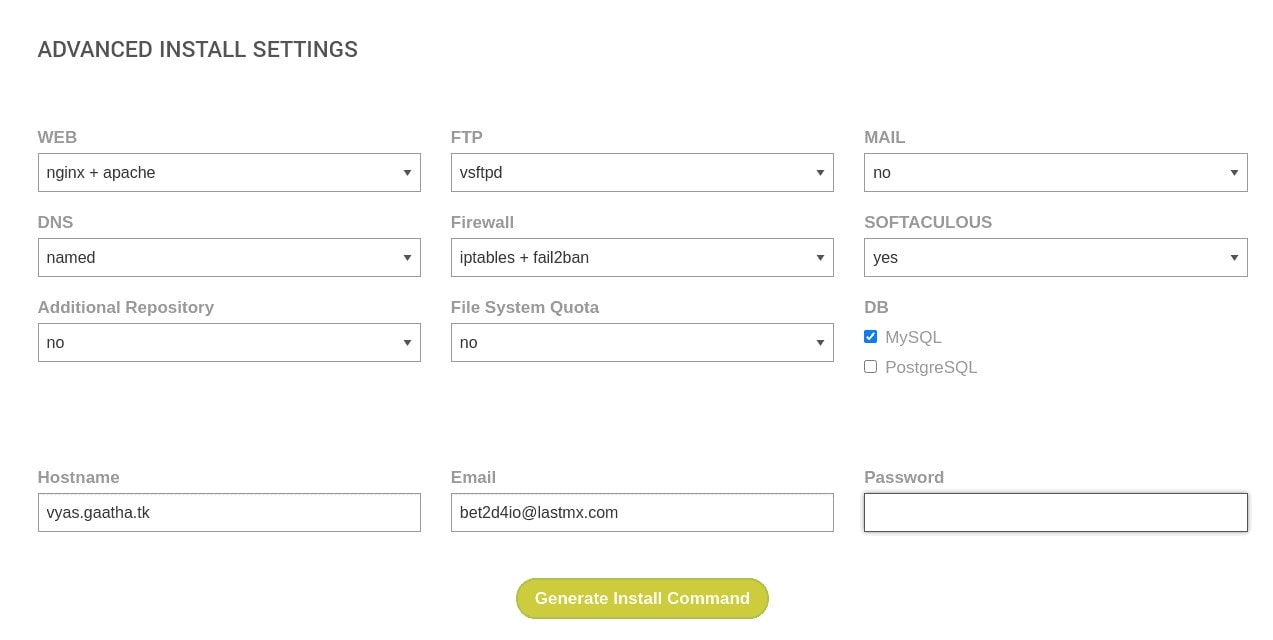 MyVestaCP configuration screen
