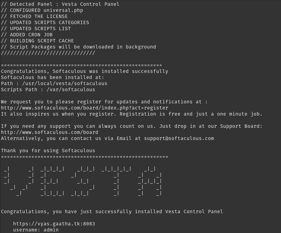 VestaCP installation complete on Ubuntu