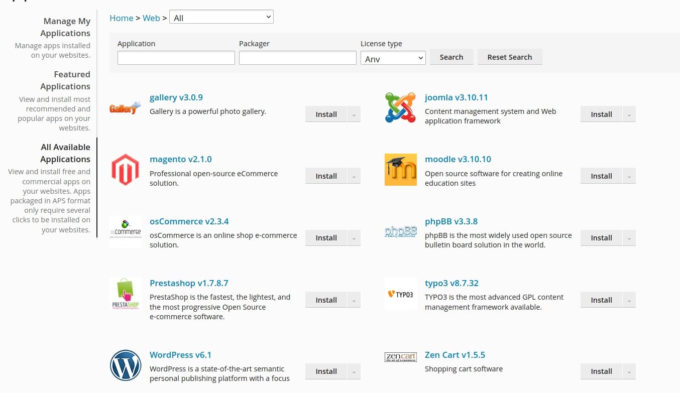 Plesk applications interface
