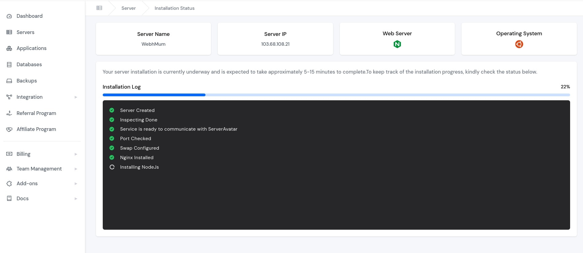 Server Avatar Install Progress