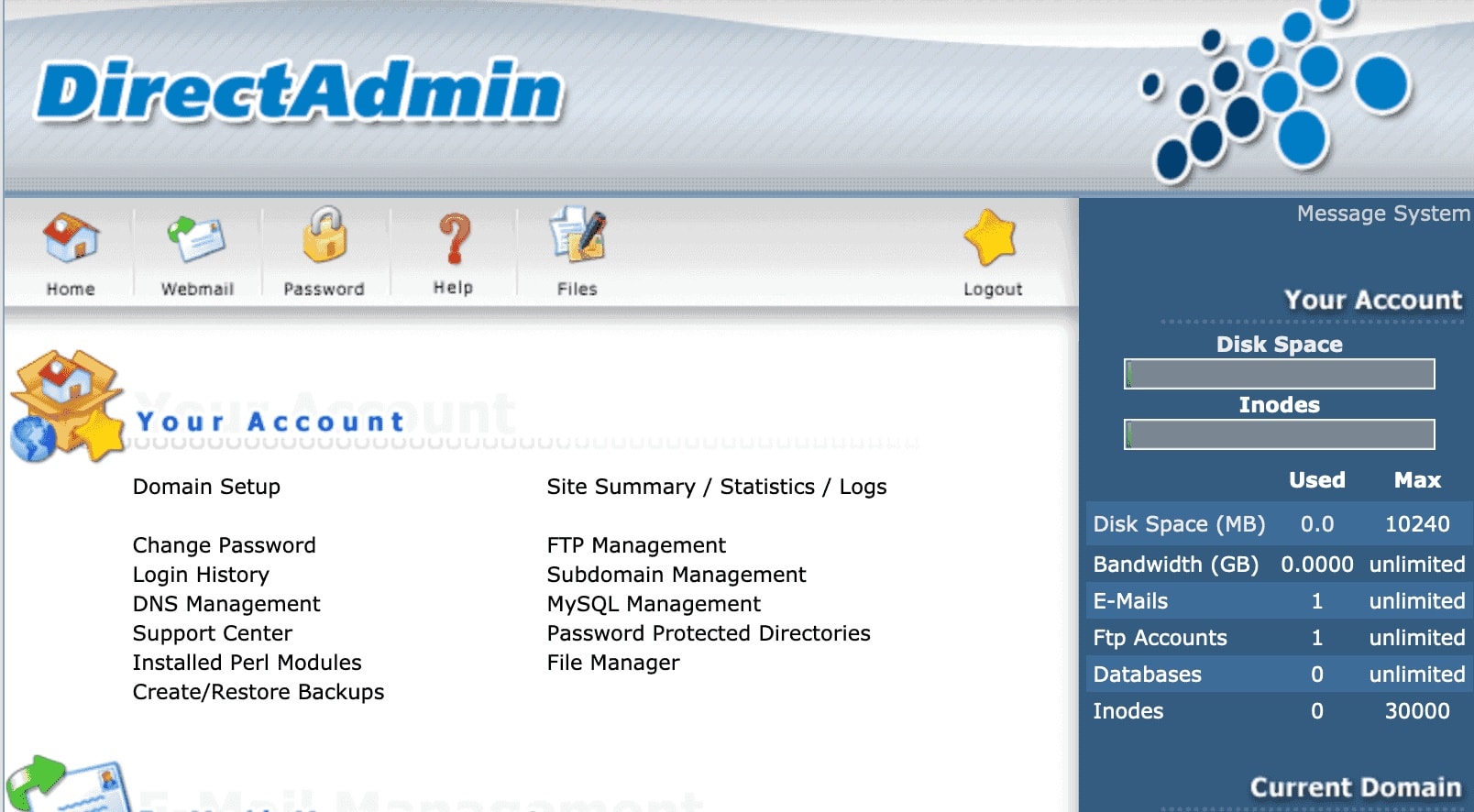 DirectAdmin interface
