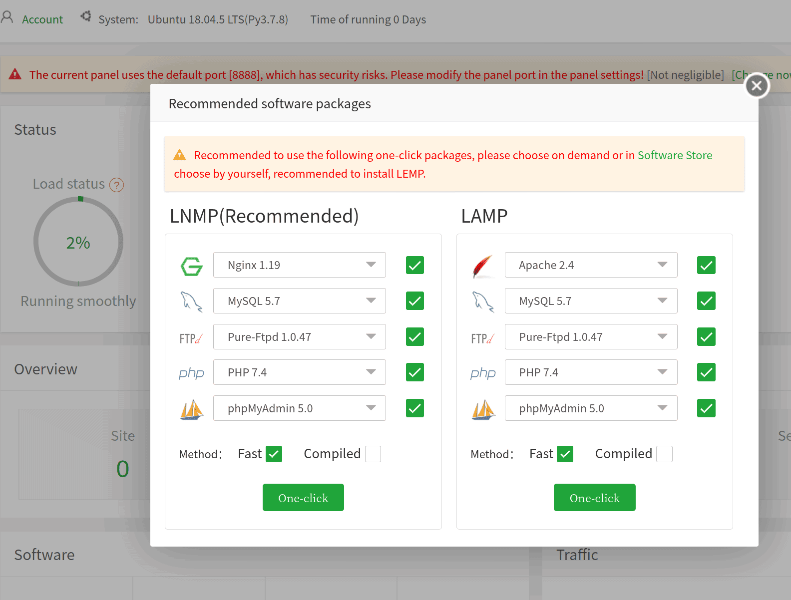aapanel Dashboard showing server overview and key metrics