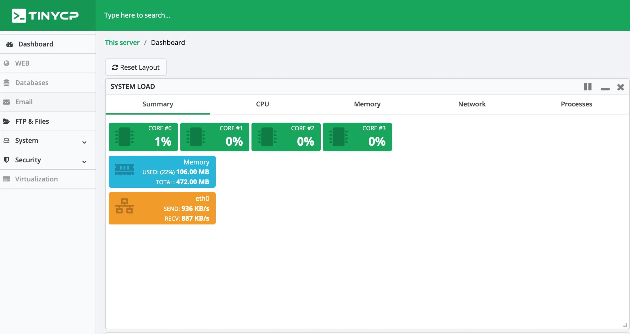 TinyCP running efficiently on 512MB VPS with minimal resource consumption