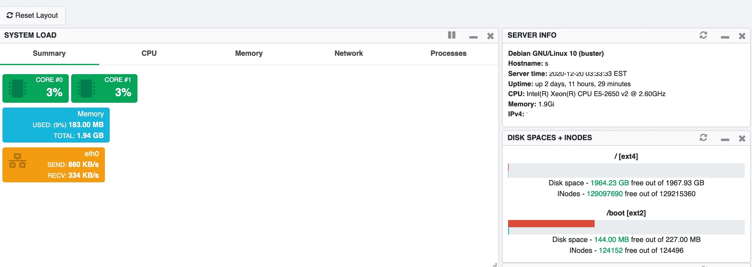 TinyCP Admin Dashboard showing server overview and key metrics