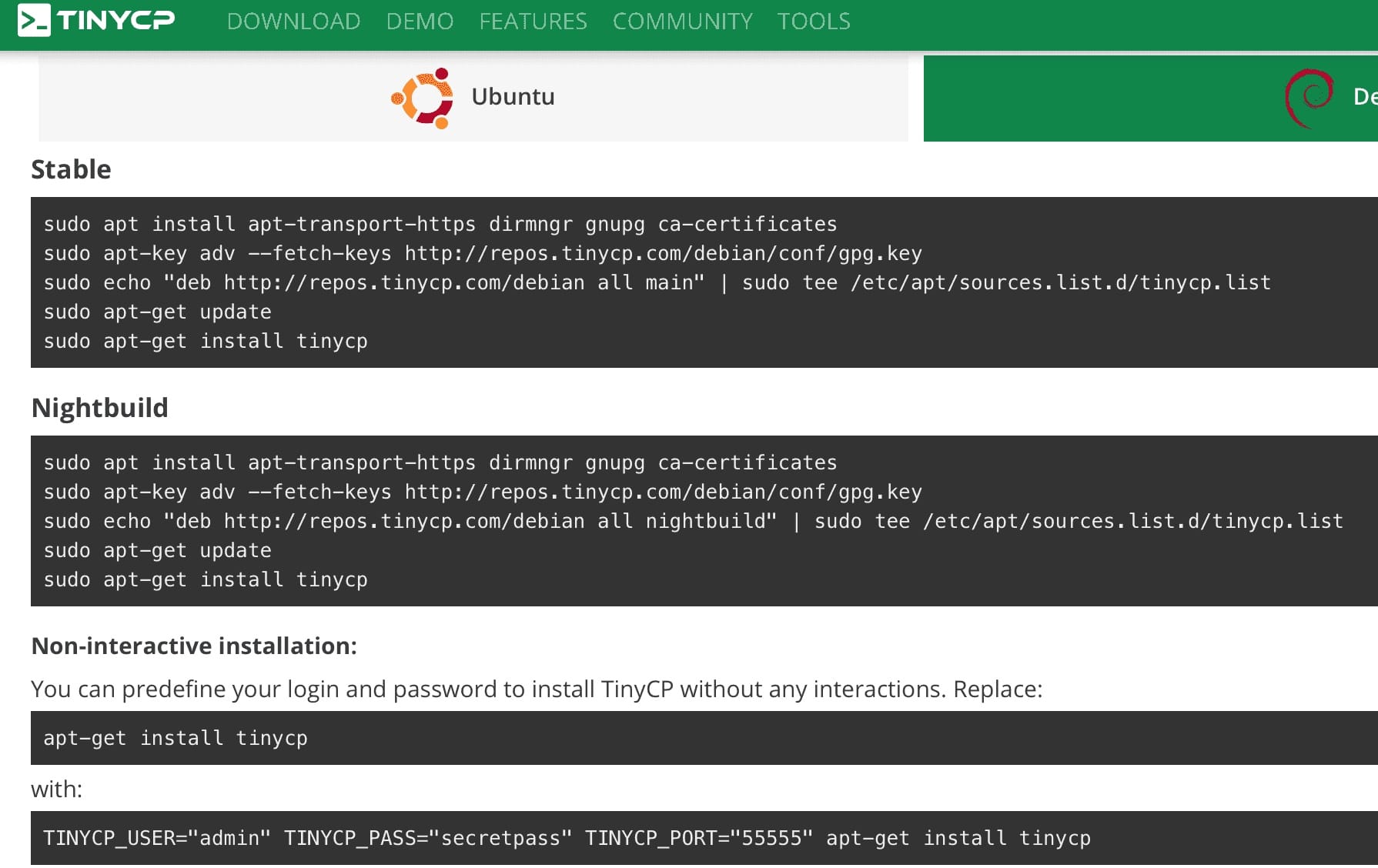 TinyCP Server installation Step 2 showing service configuration