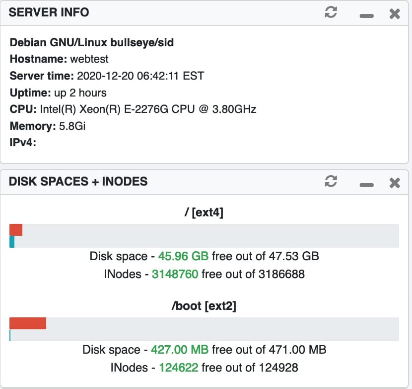 TinyCP Server installation interface from December 2020 showing historical UI