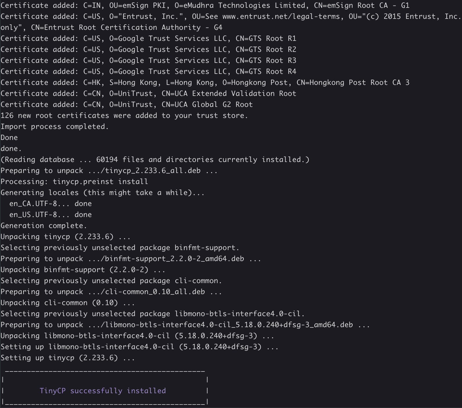 TinyCP Server Installation process on Debian 12
