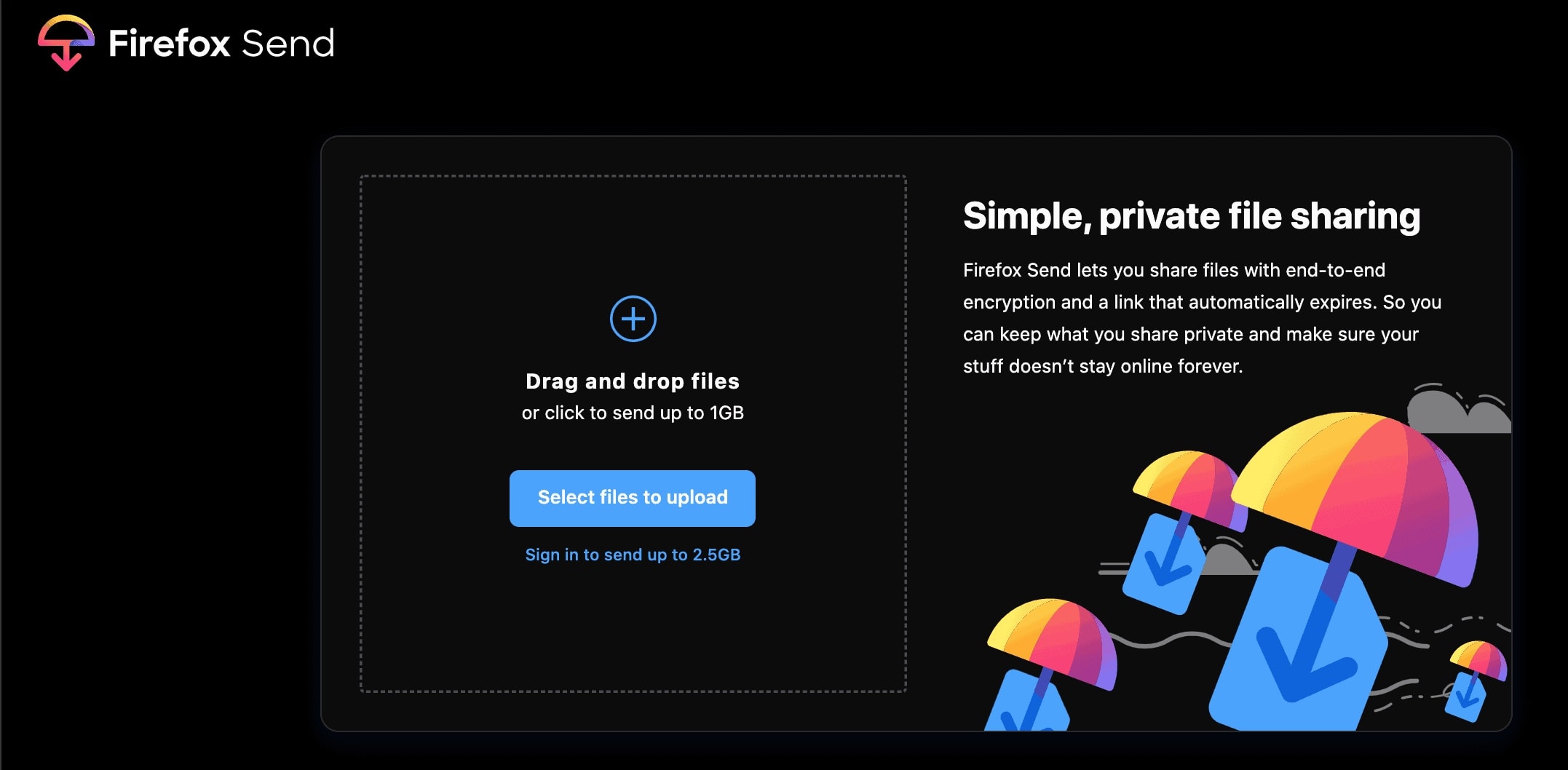 Screenshot of Firefox Send file transfer service from Amar Vyas blog, June 2020