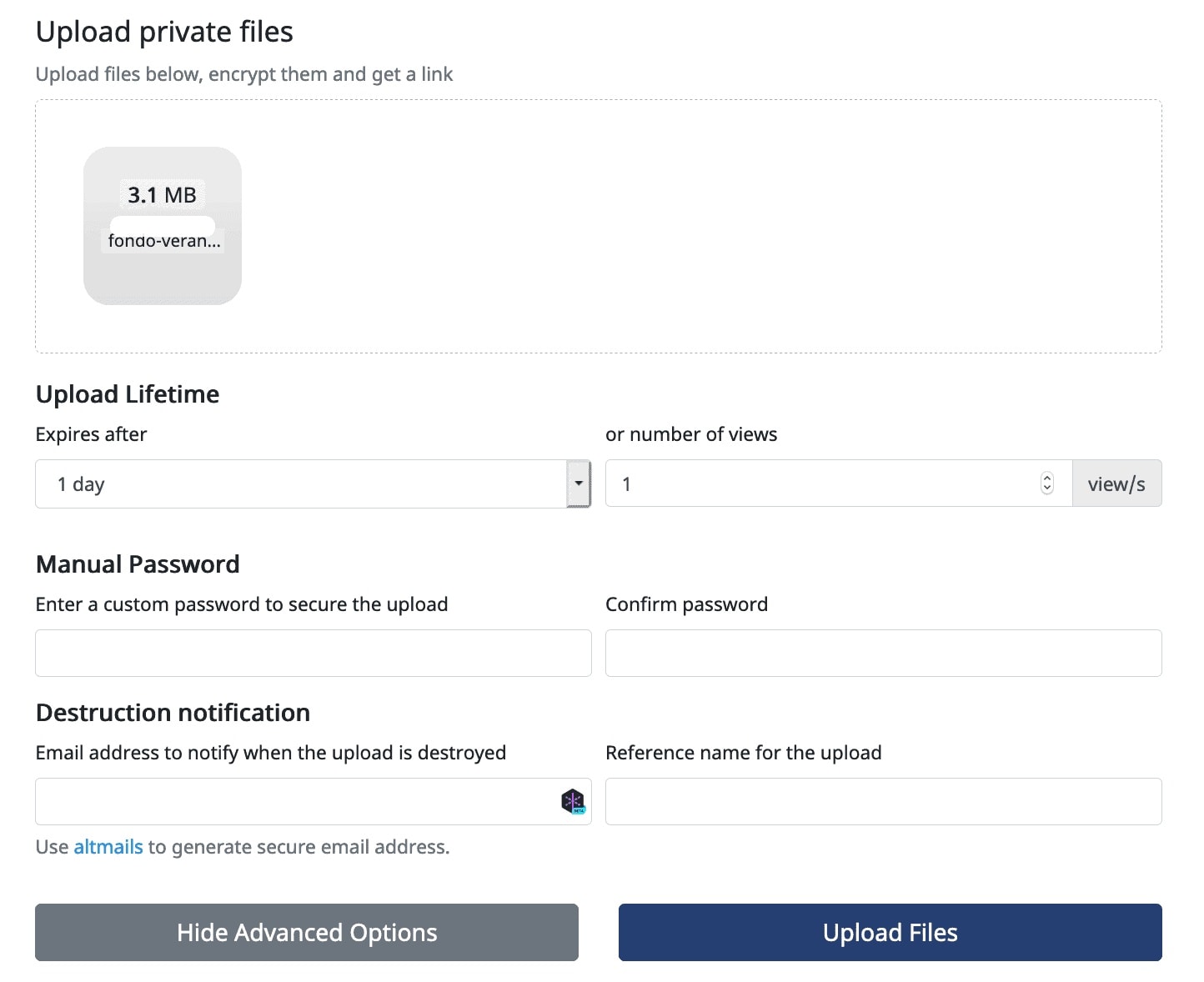 Screenshot of SafeNote file transfer service from Amar Vyas blog, September 2020