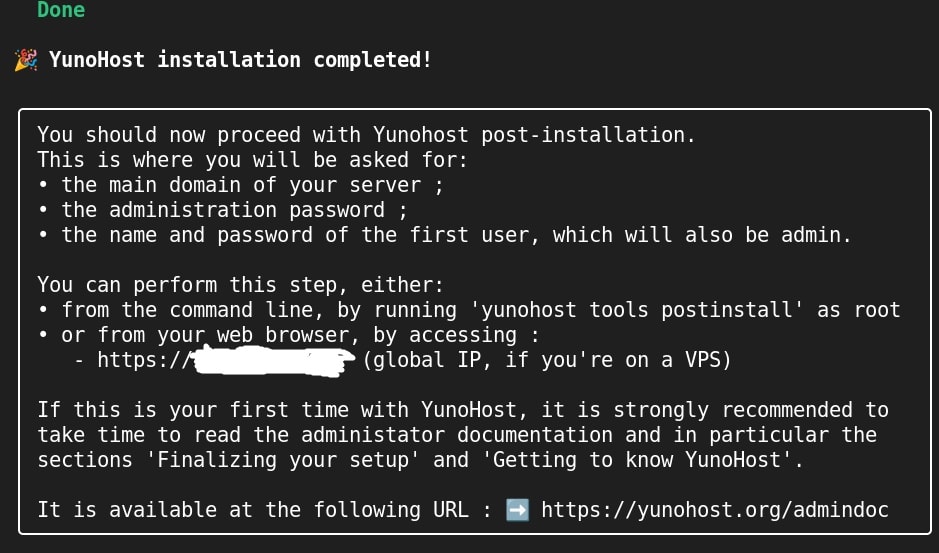 Yunohost installation completion screen