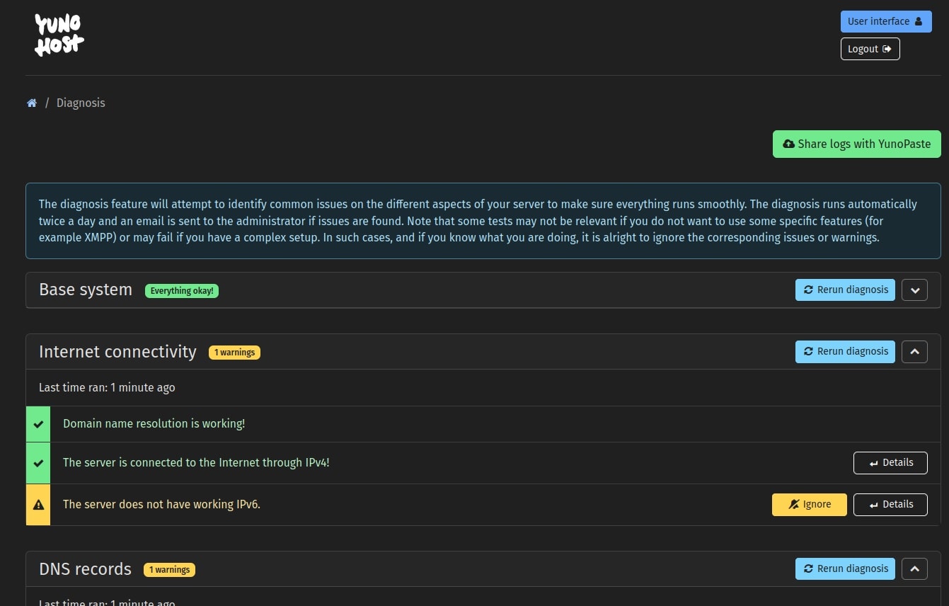 Yunohost diagnosis tool